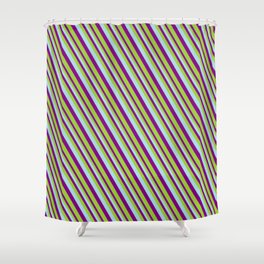[ Thumbnail: Light Blue, Purple & Green Colored Pattern of Stripes Shower Curtain ]