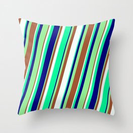[ Thumbnail: Eye-catching Light Green, Sienna, Mint Cream, Green, and Blue Colored Stripes/Lines Pattern Throw Pillow ]