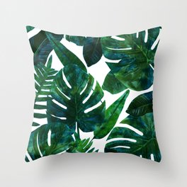 Tropical Nature Monstera Watercolor Painting, Botanical Jungle Dark Palm Illustration Throw Pillow