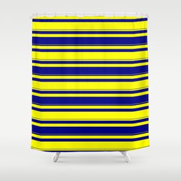[ Thumbnail: Yellow & Blue Colored Lined/Striped Pattern Shower Curtain ]