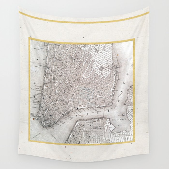 Vintage New York City Gold Foil Location Coordinates with map Wall Tapestry