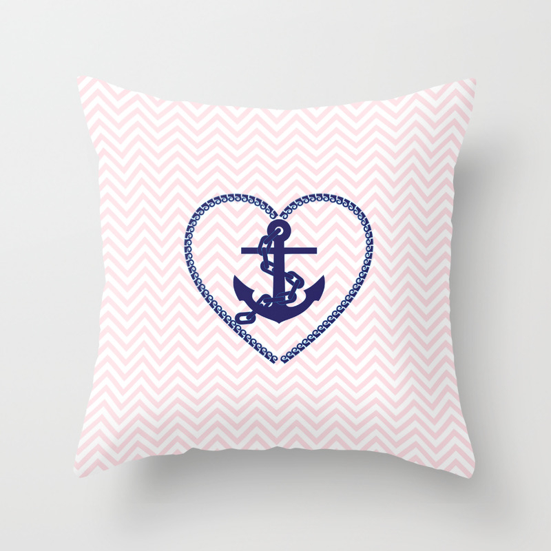 Blush Pink Chevron Navy Blue Vintage Nautical Anchor Throw Pillow