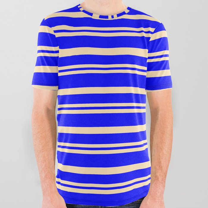 Beige and Blue Colored Stripes Pattern All Over Graphic Tee