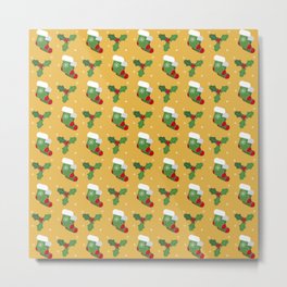 Christmas Pattern Yellow Green Mistletoe Socks Metal Print