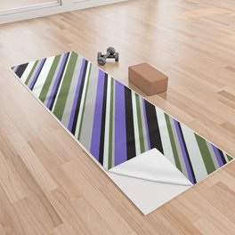 [ Thumbnail: Slate Blue, Grey, Dark Olive Green, Mint Cream, and Black Colored Stripes Pattern Yoga Towel ]