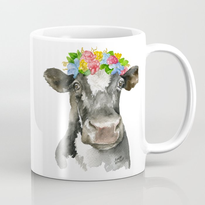 Black And White Cow With Floral Crown Watercolor Painting Coffee Mug By Susanwindsor Society6
