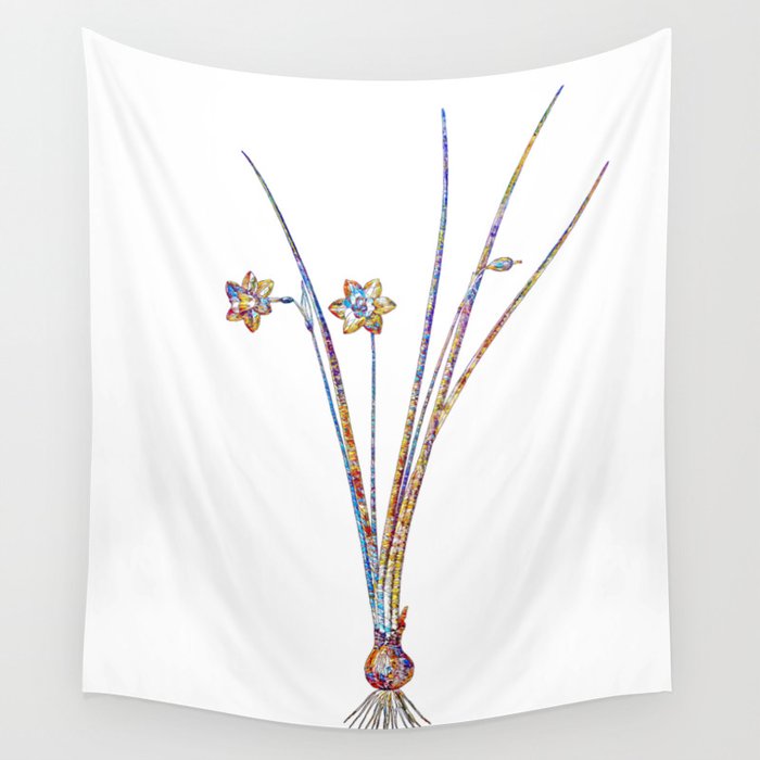 Floral Daffodil Mosaic on White Wall Tapestry
