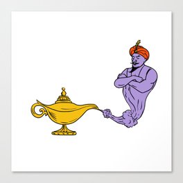 Genie Coming Out of Golden Oil Lamp Drawing Color Canvas Print