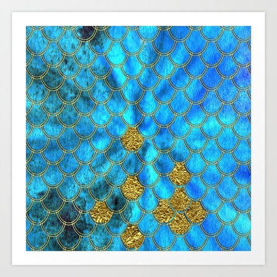 Blue aqua turquoise and gold glitter mermaid scales - Beautiful mermaidscales pattern on #Society6 Art Print