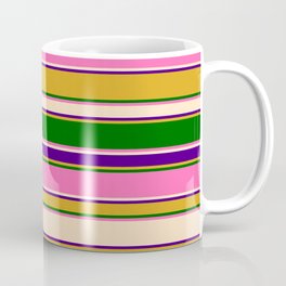 [ Thumbnail: Eyecatching Goldenrod, Dark Green, Hot Pink, Bisque & Indigo Colored Striped/Lined Pattern Coffee Mug ]