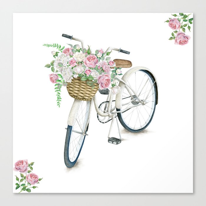 Vintage White Bicycle with English Roses Canvas Print