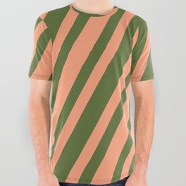 [ Thumbnail: Dark Olive Green & Light Salmon Colored Lines Pattern All Over Graphic Tee ]