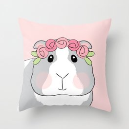 Adorable Grey Guinea Pig with Pink Rosebuds Throw Pillow