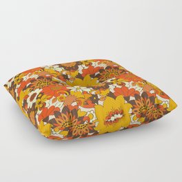 Retro 70s Flower Power, Floral, Orange Brown Yellow Psychedelic Pattern Floor Pillow