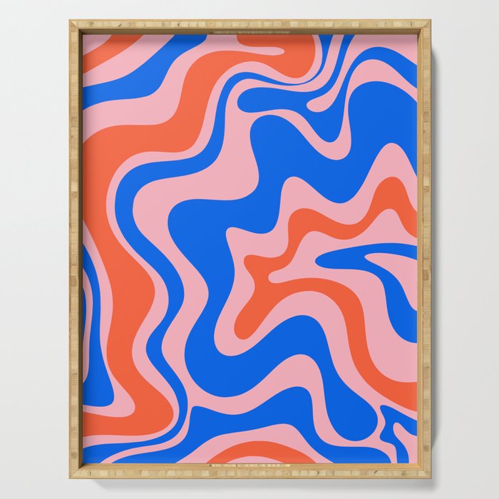 Retro Liquid Swirl Abstract Pattern in Pink, Red-Orange, and Bright Blue Serving Tray
