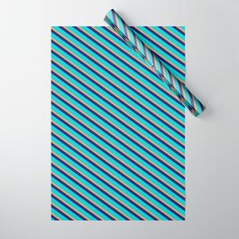 [ Thumbnail: Dark Turquoise, Brown & Midnight Blue Colored Stripes/Lines Pattern Wrapping Paper ]