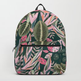 Prayer Plants on Deep Green Backpack | Pinkleaves, Pink, Handpainted, Tropical, Teal, Digital, Leaves, Pattern, Handdrawn, Plants 