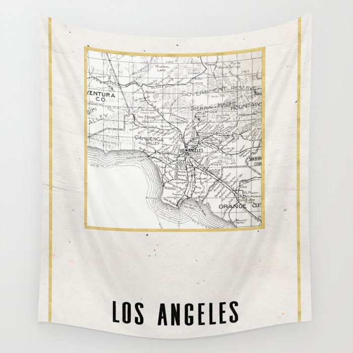 Vintage Los Angeles City Gold Foil Location Coordinates with map Wall Tapestry