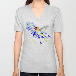 Hummingbird and Blue Flowers V Neck T Shirt