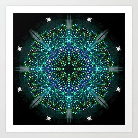 Kaleidoscope fantasy on lighted peacock shape Art Print