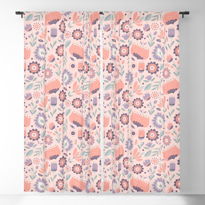 Folk Art Florals in Coral Pink Blackout Curtain by Lathe and Quill ...