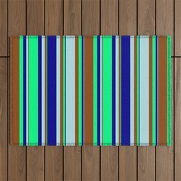 [ Thumbnail: Dark Blue, Green, Brown, and Powder Blue Colored Lines/Stripes Pattern Outdoor Rug ]