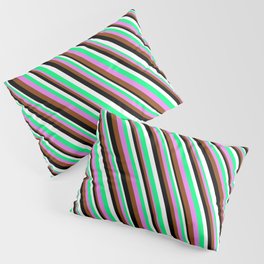 [ Thumbnail: Colorful Green, Violet, Brown, Black & White Colored Stripes Pattern Pillow Sham ]