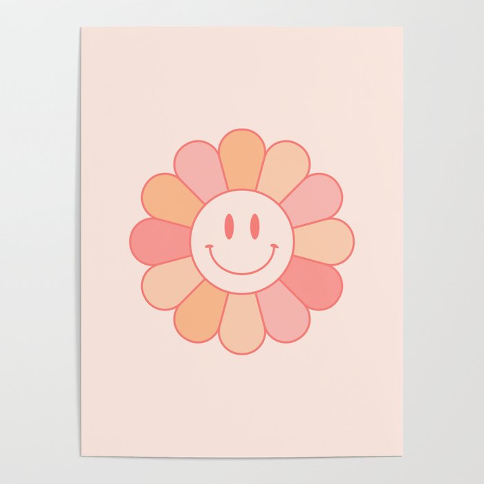 Boho Smiley Face Flower Neutral Earthy Aesthetic Poster