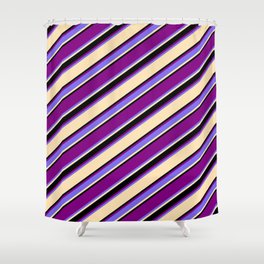 [ Thumbnail: Purple, Medium Slate Blue, Beige, and Black Colored Striped/Lined Pattern Shower Curtain ]