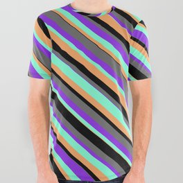 [ Thumbnail: Eye-catching Black, Dim Grey, Purple, Aquamarine & Brown Colored Stripes/Lines Pattern All Over Graphic Tee ]