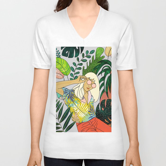 Spring Break, Tropical Bohemian Travel Line Art, Woman Fashion Palm Forest Jungle Watercolor Nature V Neck T Shirt