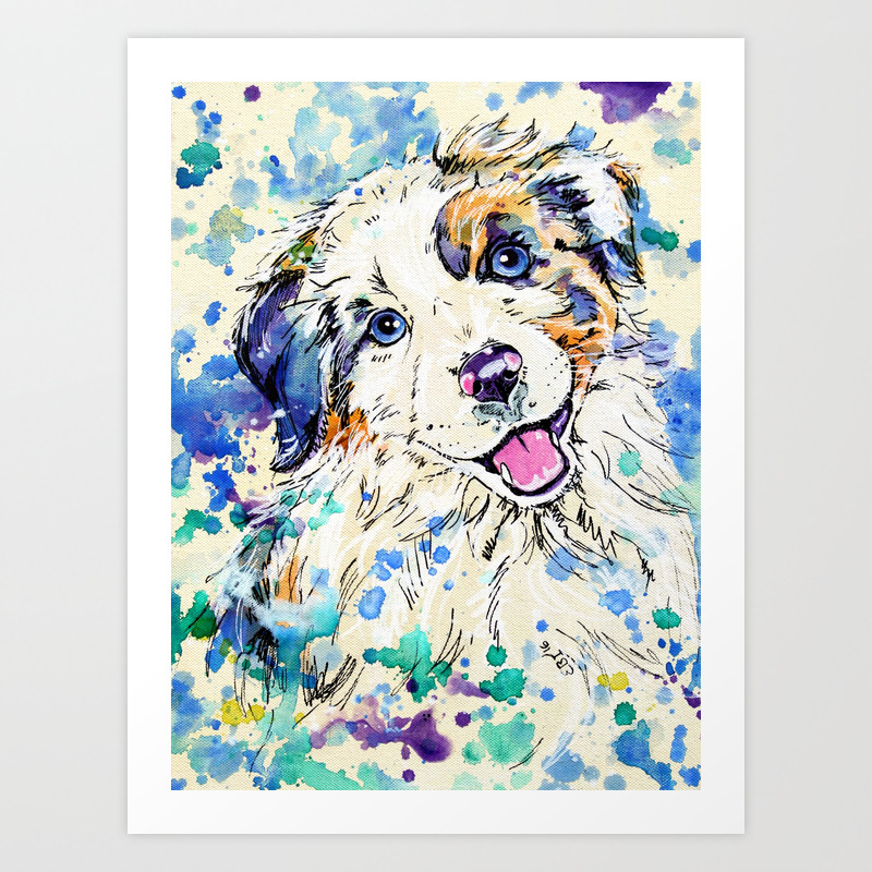 Aussie Pup Australian Shepherd Dog Painting Art Print By Evei