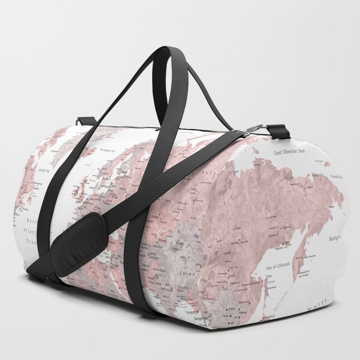 Dusty pink and grey detailed watercolor world map Duffle Bag by