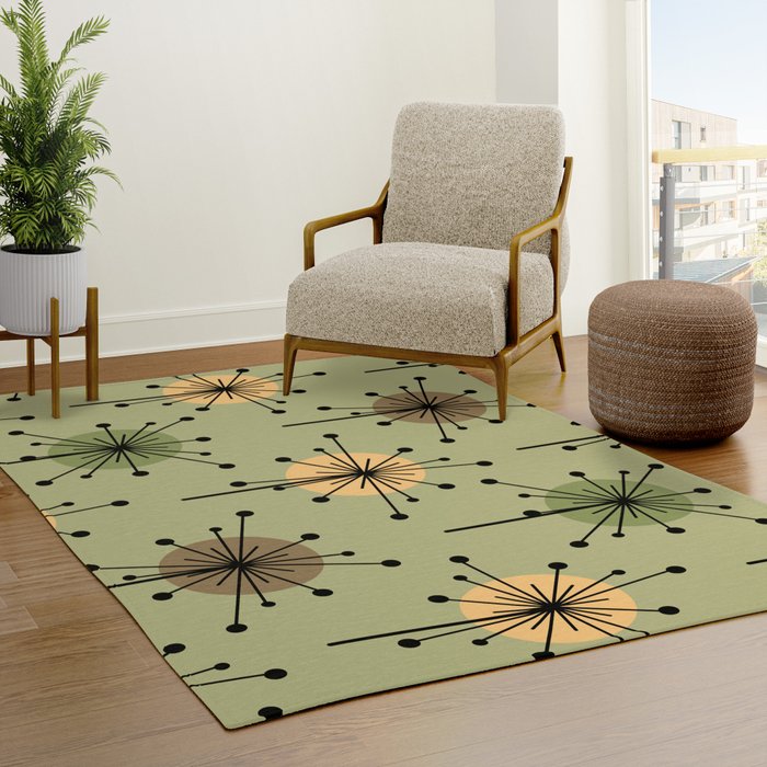 Retro Atomic Burst MCM Olive Green Anti-Slip Rug