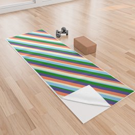 [ Thumbnail: Coral, Light Yellow, Light Sky Blue, Green & Dark Slate Blue Colored Lined/Striped Pattern Yoga Towel ]