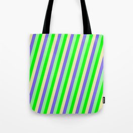 [ Thumbnail: Lime, Pale Goldenrod, Medium Slate Blue, and Green Colored Lined/Striped Pattern Tote Bag ]