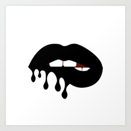 Black melting lipstick on bitting woman lips. Vector art print. Fashion pattern Art Print