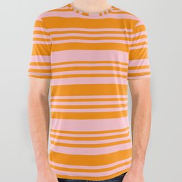 [ Thumbnail: Pink & Dark Orange Colored Lined Pattern All Over Graphic Tee ]