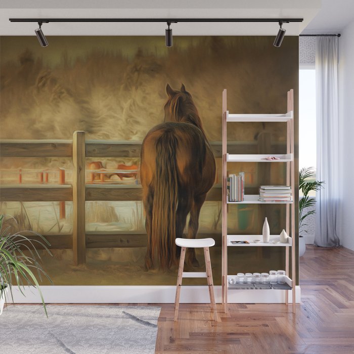 Horse Along A Fence In Snow In Winter Golden Age Painting Style