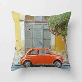Red Car Parked Beside Brown Concrete Building During Daytime Throw Pillow