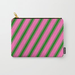 [ Thumbnail: Hot Pink and Green Colored Lined/Striped Pattern Carry-All Pouch ]