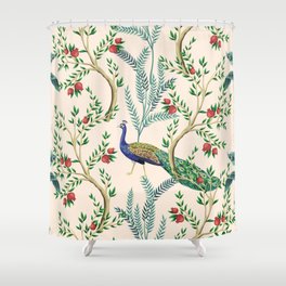 Vintage garden pomegranate fruit tree, banana tree, exotic peacock floral seamless pattern pink background. Exotic chinoiserie wallpaper.  Shower Curtain
