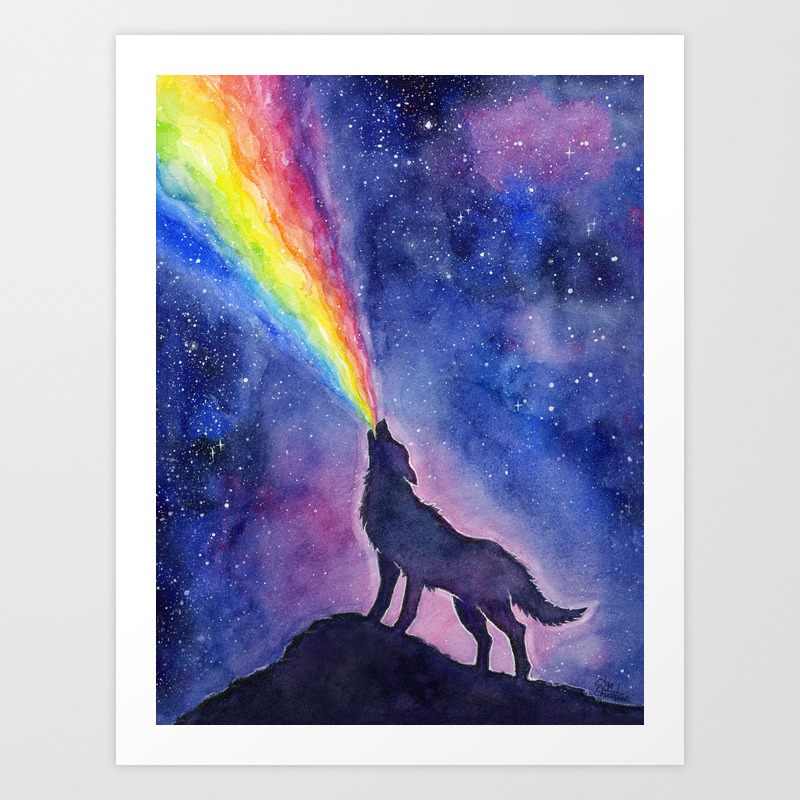Galaxy Wolf Howling Rainbow Art Print By Olechka Society6