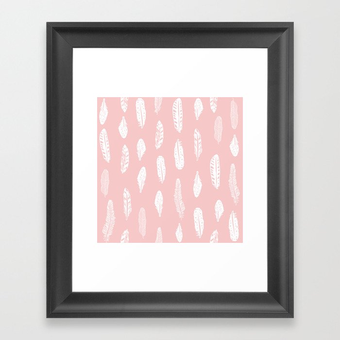 Feather pink and white minimal feathers pattern nursery gender neutral boho decor Framed Art Print