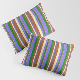 [ Thumbnail: Green, Medium Slate Blue, Pale Goldenrod, and Sienna Colored Striped Pattern Pillow Sham ]
