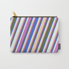 [ Thumbnail: Orchid, Dark Olive Green, Royal Blue, Mint Cream, and Tan Colored Stripes Pattern Carry-All Pouch ]