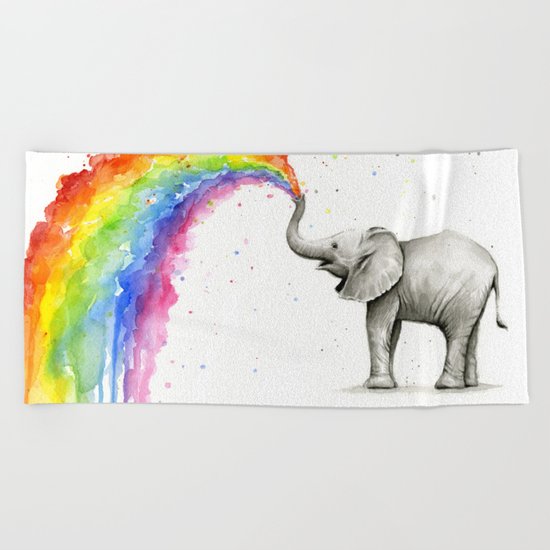 Baby Elephant Spraying Rainbow Whimsical Animals Beach Towel