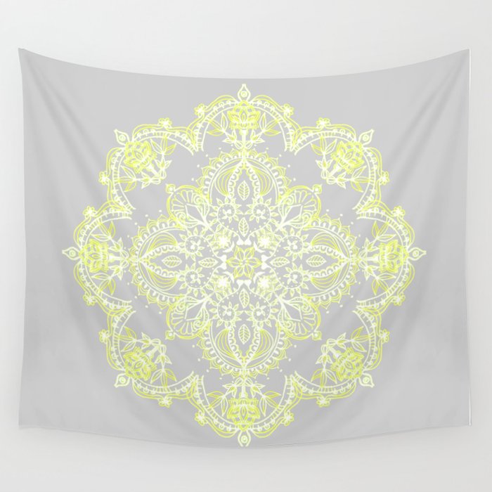 Pale Lemon Yellow Lace Mandala On Grey Wall Tapestry By
