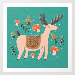Santa's Whimsical Winter Delight: A Merry Celebration with Jolly Reindeer, Delectable Mushroom Fungi Cookies, and Sparkling Christmas Trees Adorned with Joy and Wonder Art Print