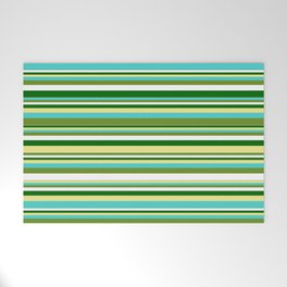 [ Thumbnail: Tan, Turquoise, Green, White, and Dark Green Colored Pattern of Stripes Welcome Mat ]